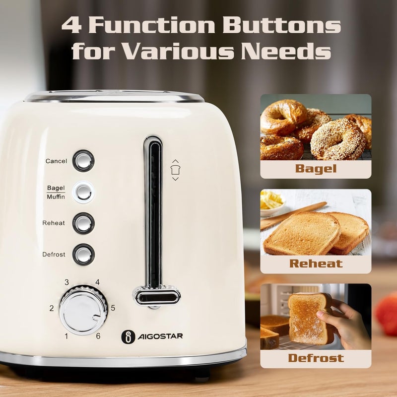 Aigostar Toaster 2 Slice, Retro Extra-Wide Slot Toasters Best Rated Prime for Toasting Bagels, Breads, Waffles & More, Cancel, Defrost & 6 Browning, Removable Crumb Tray, Stainless Steel, Cream White - Image 2